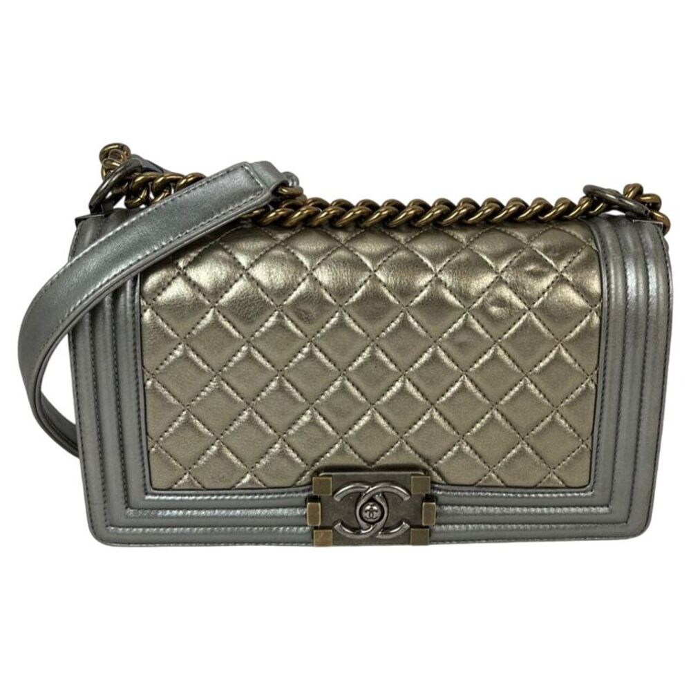 Chanel Metallic Calfskin Quilted Medium Boy Flap Khaki Silver Shoulder Bag